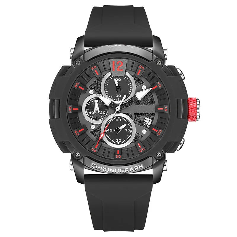 Men's black quartz watch with luminous hands on a 51mm case, showing calendar window and 24mm band.