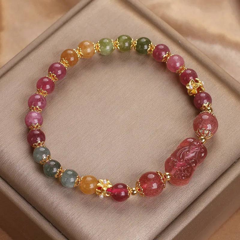 Women's pink and red crystal bracelet with strawberry quartz and tourmaline beads