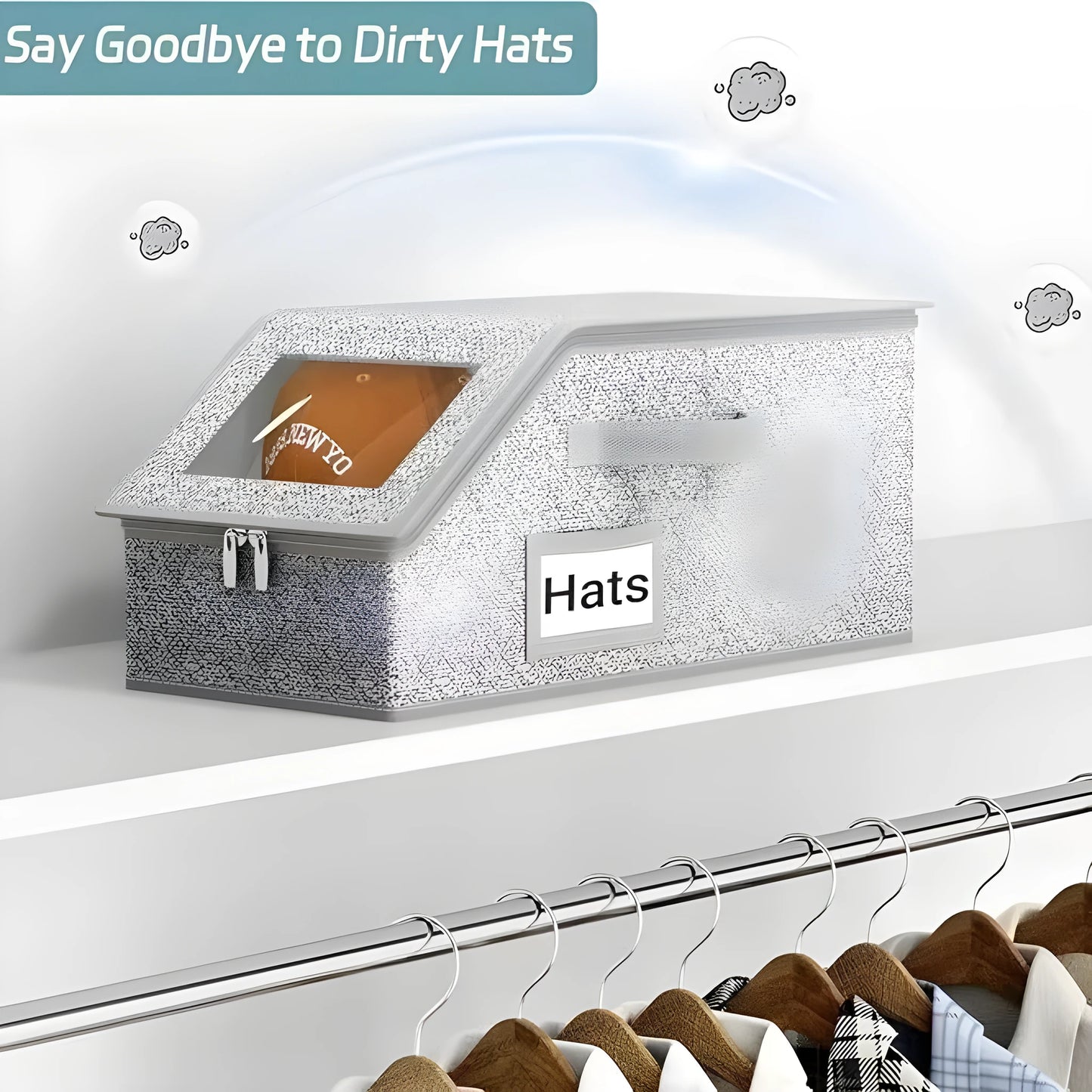 Grey foldable fabric storage box with lid for organising shoes and caps.