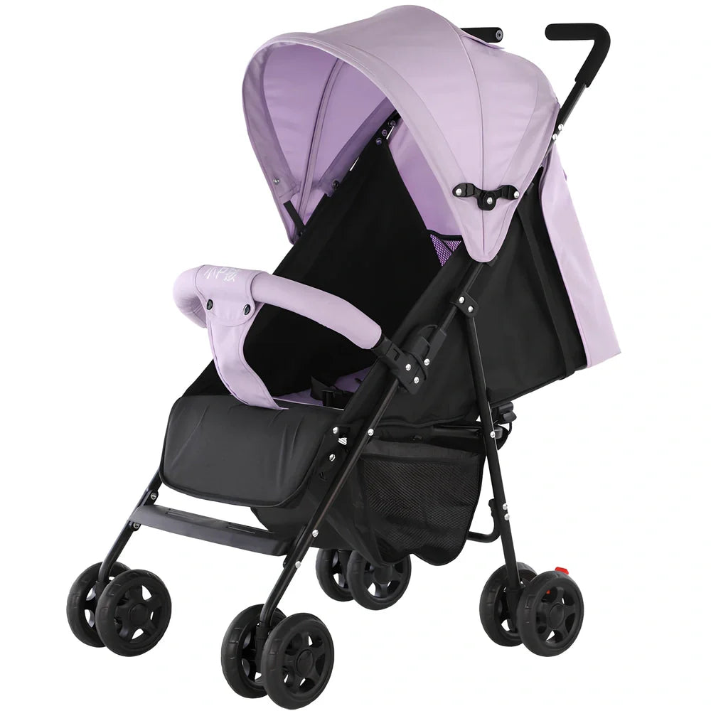 Lightweight baby stroller with carbon steel frame in purple colour showing extended sunshade