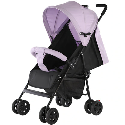 Lightweight baby stroller with carbon steel frame in purple colour showing extended sunshade