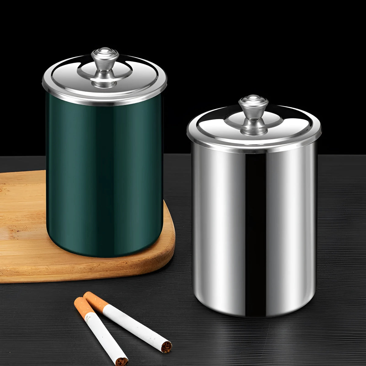 Stainless steel fly ash ashtray with cover, funnel, and smoke button in multiple colours