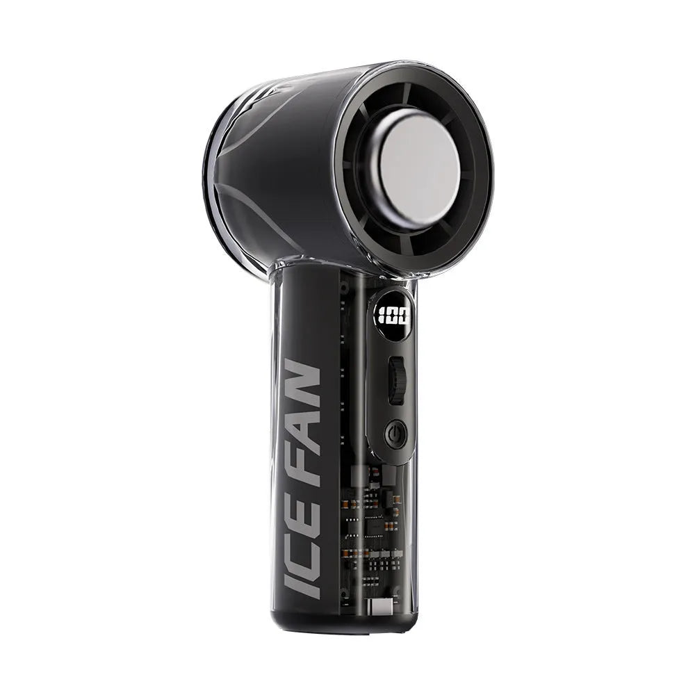 Small handheld refrigeration fan with ice compress function in black, white, or yellow colour.