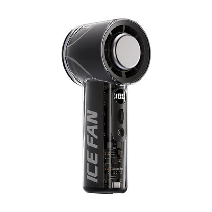 Small handheld refrigeration fan with ice compress function in black, white, or yellow colour.