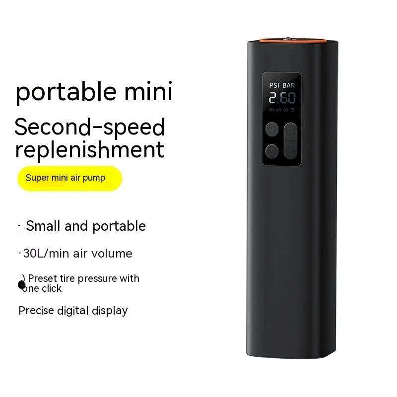 Black digital display car tyre inflator showing compact dimensions and 12V power connection