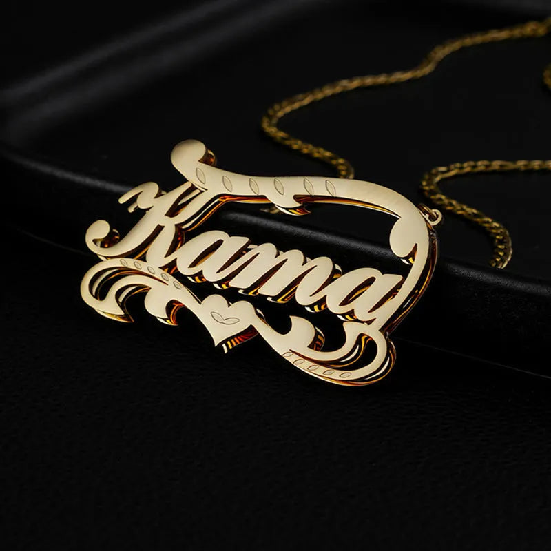 Customised stainless steel necklace with double-layer wave heart pendant and engraved text