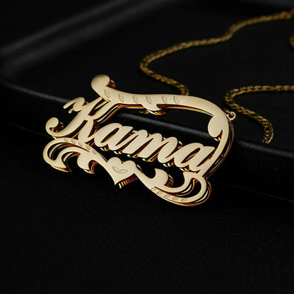 Customised stainless steel necklace with double-layer wave heart pendant and engraved text