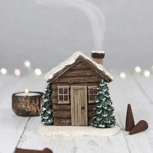 Rustic log cabin incense burner with intricate details, filling the air with soothing aromas