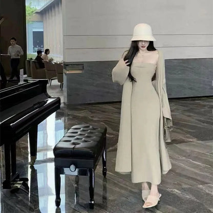 Women's knitted cardigan dress and coat suit in free size with flocked texture, available in multiple colours