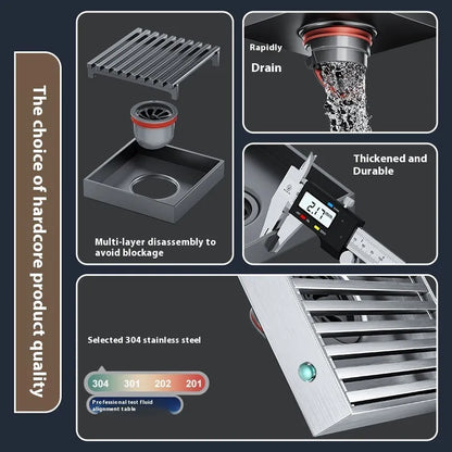 304 stainless steel courtyard deodorant floor drain with gun grey finish and 15x15 cm ABS plastic core