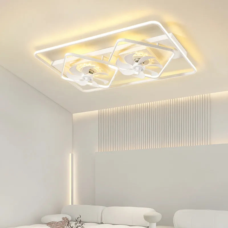 Modern ceiling fan lamp with light, 1100mm by 700mm, thin suction design, acrylic lampshade, in a bedroom setting