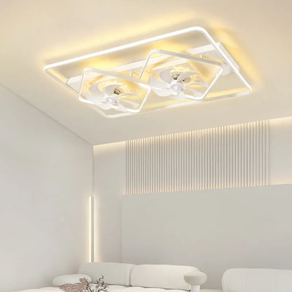 Modern ceiling fan lamp with light, 1100mm by 700mm, thin suction design, acrylic lampshade, in a bedroom setting