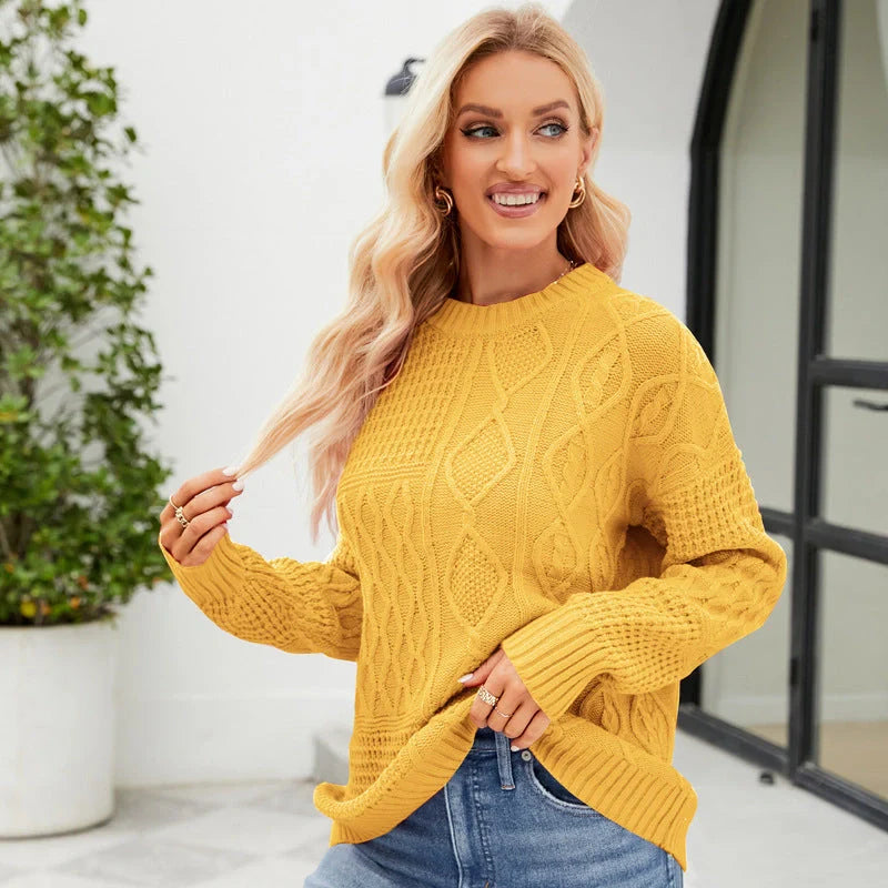 Women's casual round-neck pullover sweater with cable-knot pattern in various colours