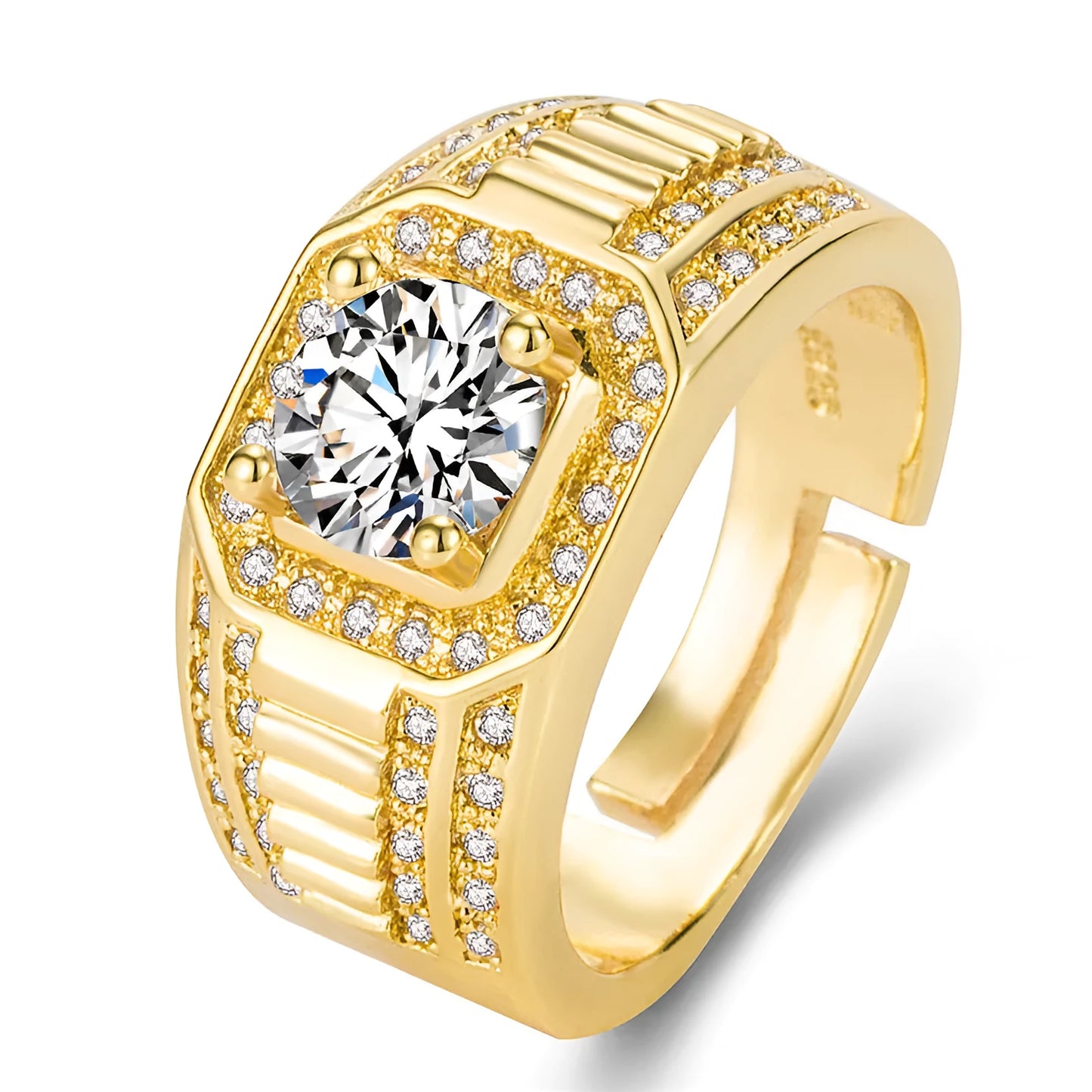 Large square diamond men's ring made of copper with an adjustable band, shown in gold and platinum colour options.