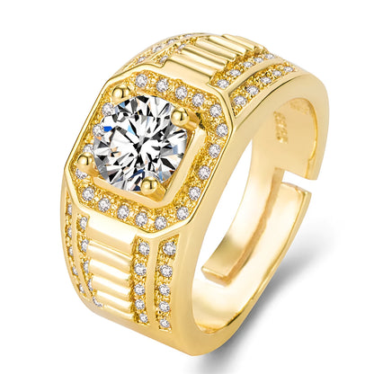 Large square diamond men's ring made of copper with an adjustable band, shown in gold and platinum colour options.