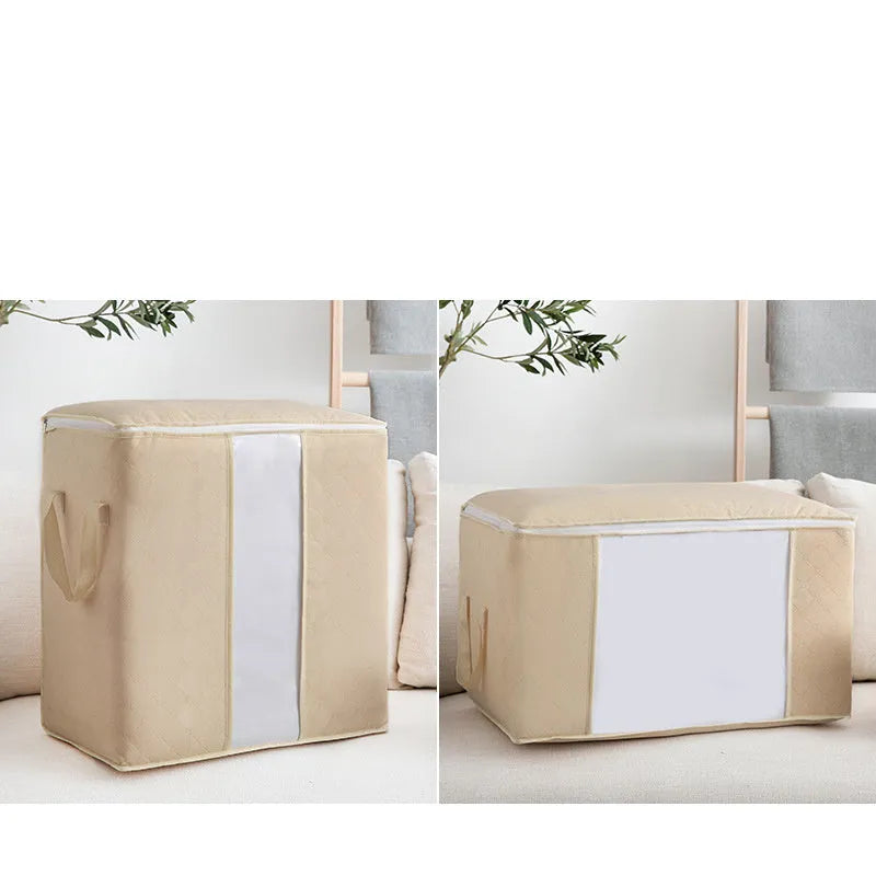 Non-woven storage bag in beige with Japanese handbag design, seal closure, and dimensions 60x40x35cm for quilt organisation