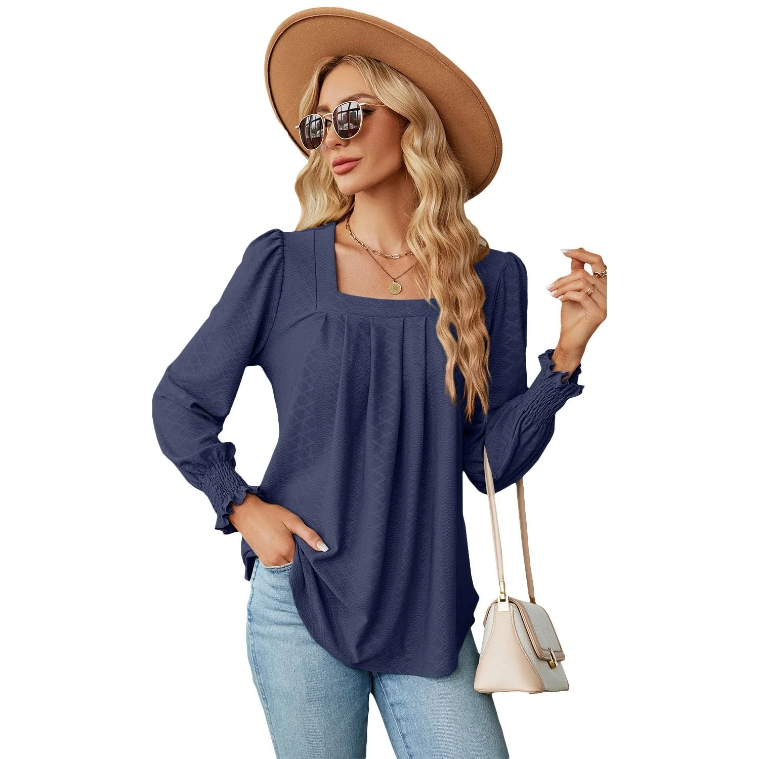 Elegant Jacquard Pleated Top in a variety of chic colours, featuring a unique pattern and flattering square neckline