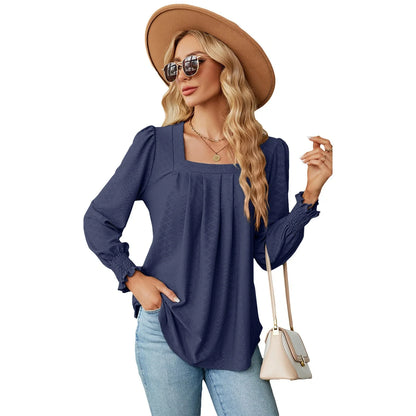 Elegant Jacquard Pleated Top in a variety of chic colours, featuring a unique pattern and flattering square neckline