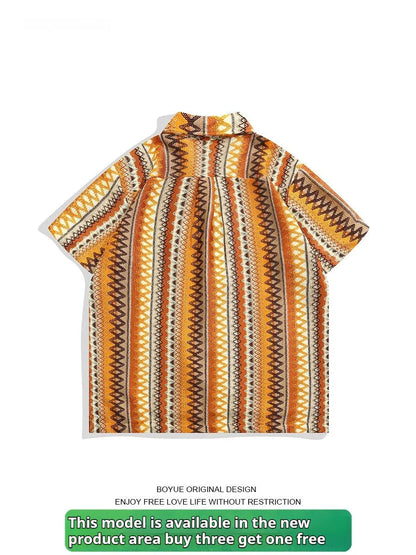 Ethnic woven shirt with contrasting colours and Cuban collar in loose fit with drop shoulders