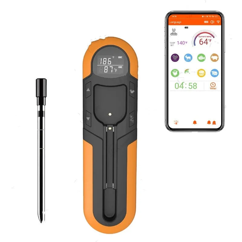 Bluetooth BBQ thermometer in grey, blue or orange, 175 x 49 x 20mm, with app control and magnet design