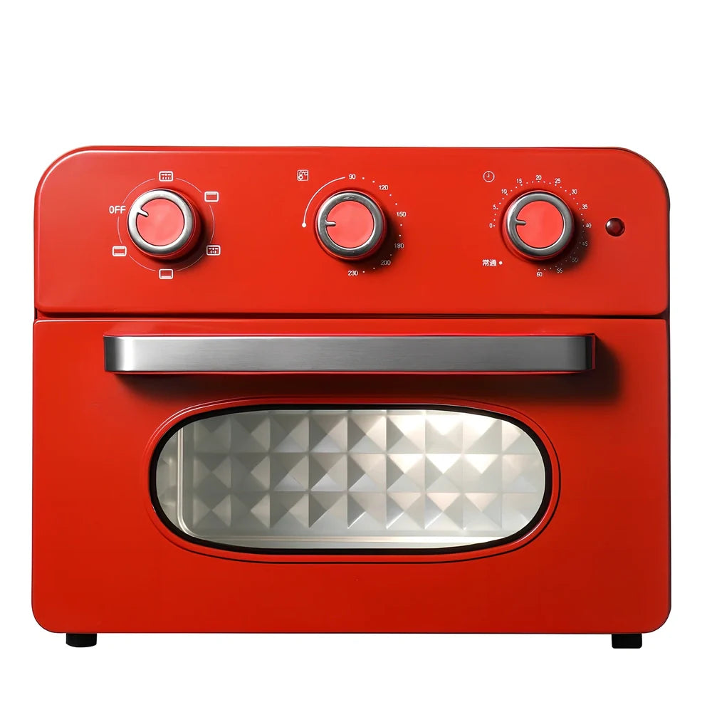 Red compact electric oven air fryer with mechanical knobs, 21-30 litre capacity, 414x383x332mm dimensions