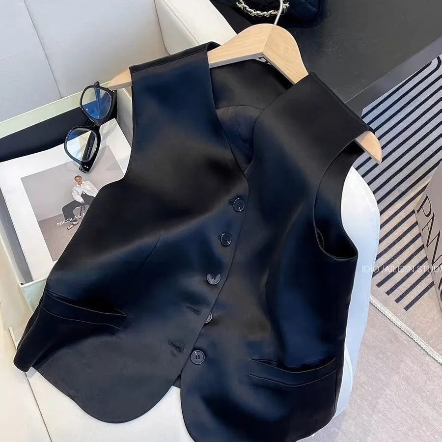 Black satin sleeveless vest on a hanger, showing loose fit and splicing detail.