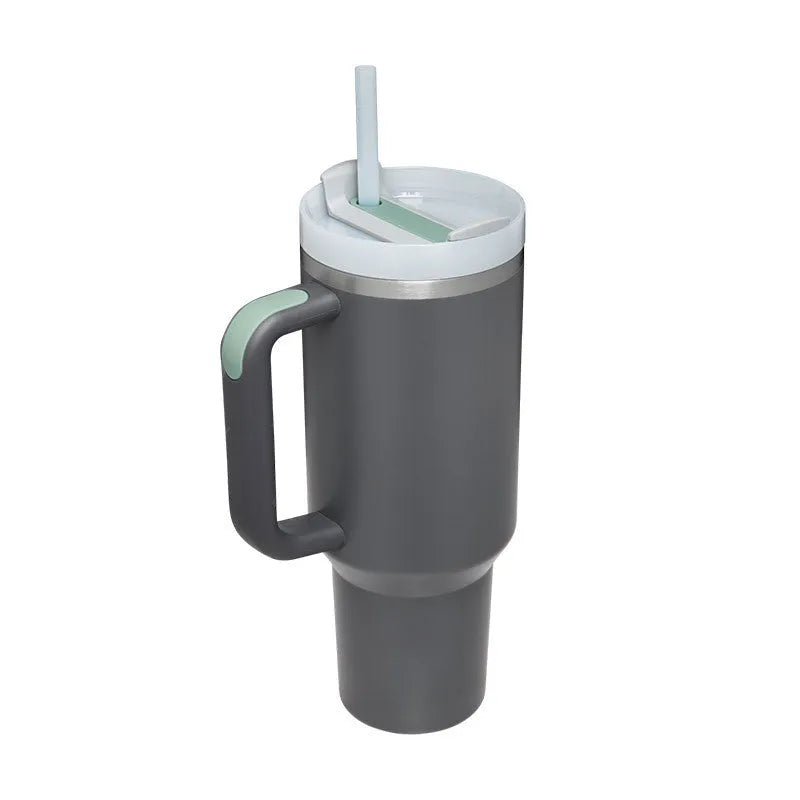 40oz stainless steel tumbler with handle and straw in various colour options showing tapered shape and spill-proof lid