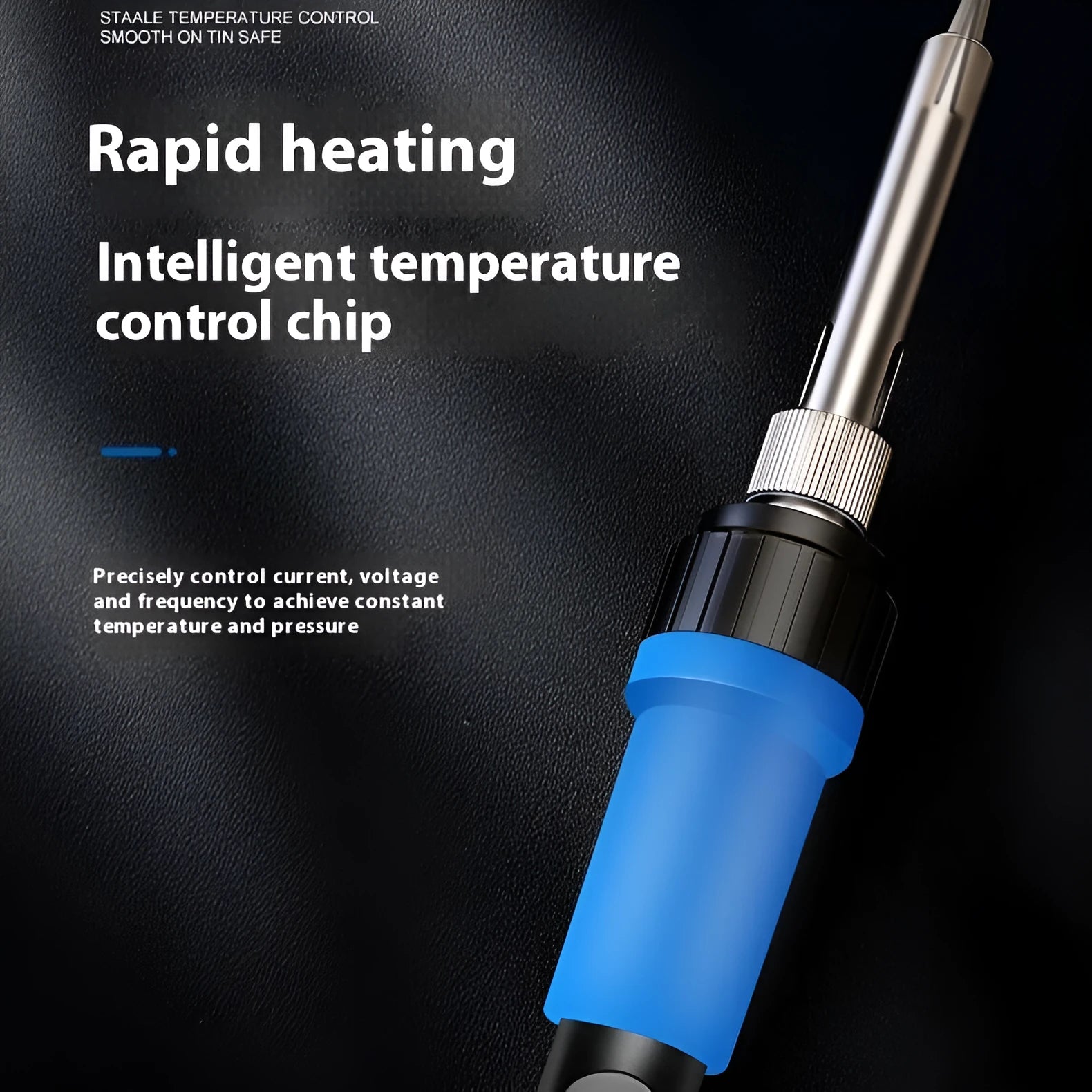 Gray 90W electric soldering iron with ceramic heating core, stand, and five soldering tips.