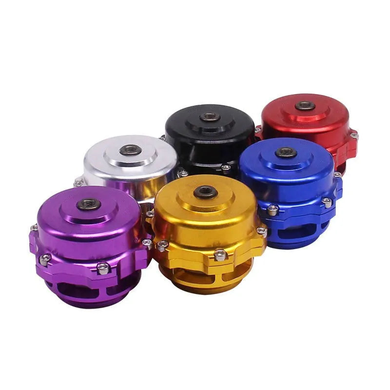 Automotive pressure relief valve, 50mm aluminium alloy blowdown bypass valve for turbo systems, universal fit, prevents compressor surge and turbine damage, available in black, blue, red, purple, silver, and gold finishes.