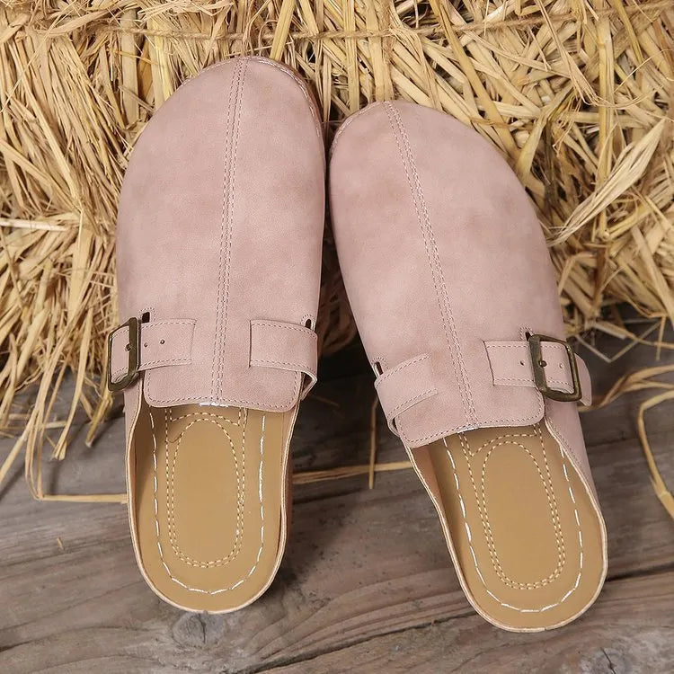 Women's casual wedge slippers in cloth with a rubber sole, shown in light brown colour.