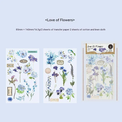 Huazhisen art nouveau forest sticker pack showing transfer paper and cotton linen sheets in six colour designs