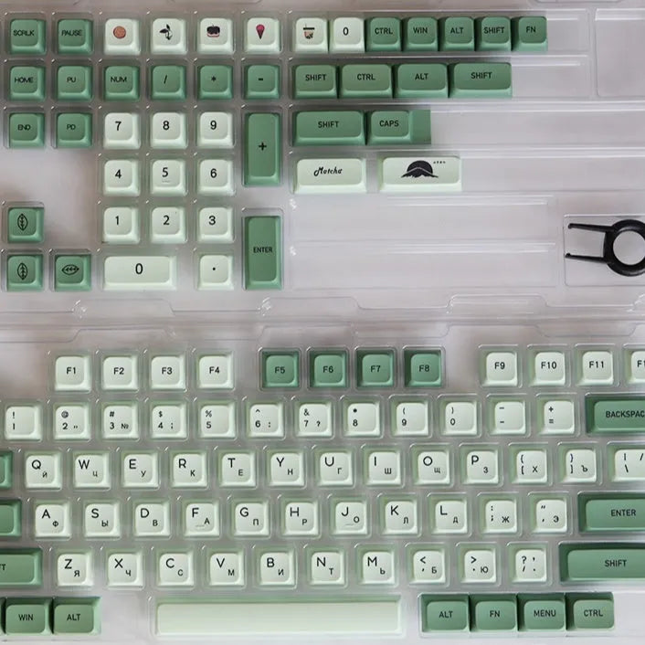 Matcha-themed PBT keycap set with 124 keys and dye-sublimated legends in multiple languages