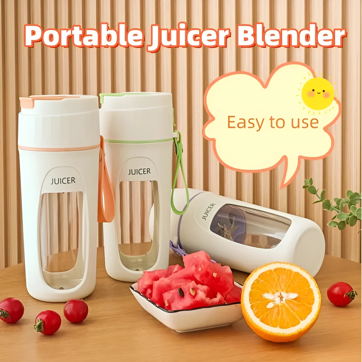 USB rechargeable portable blender cup with borosilicate glass liner in fresh orange, grass green, and light purple colours.
