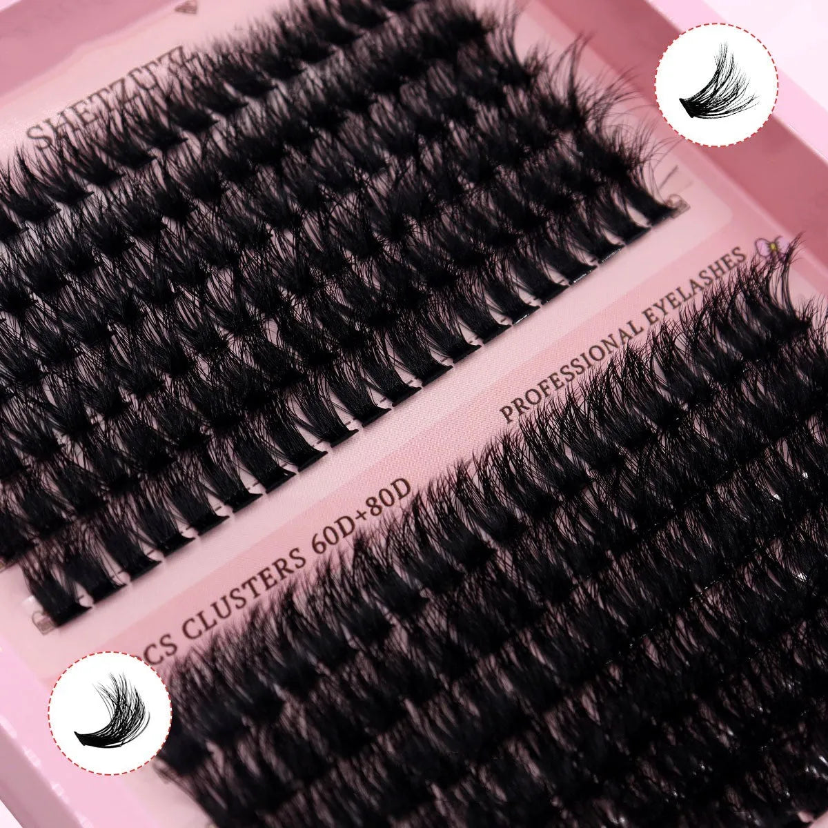 Set of thick, segmented false eyelashes in feather style showing 60D and 80D density options.