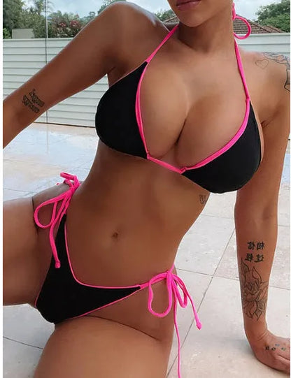 Women's lace-up triangle split bikini swimsuit set in polyester fabric