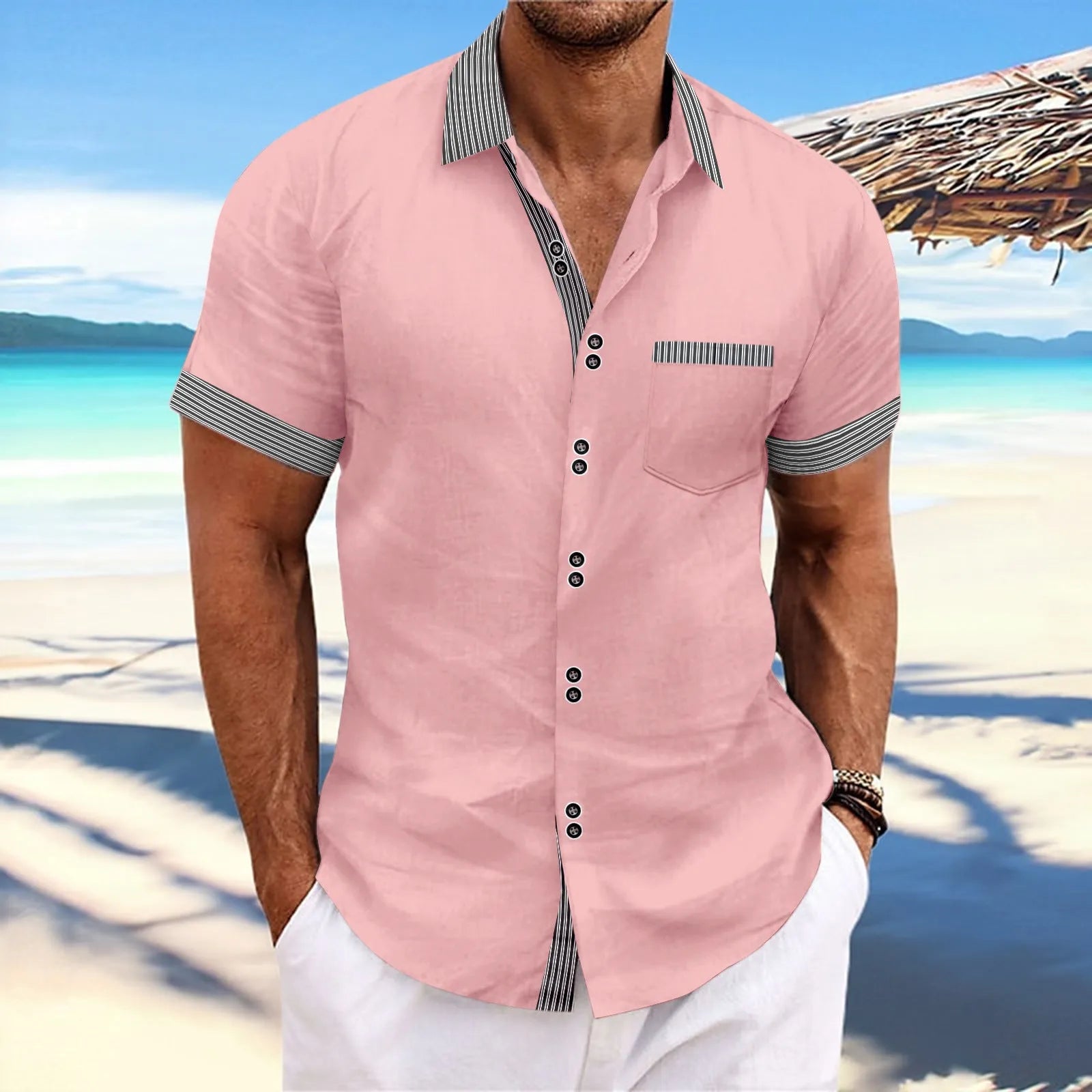 Men's slim fit striped casual shirt in pure cotton with double button short sleeves on a hanger