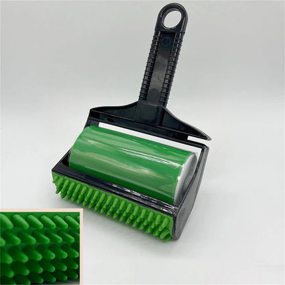 Green and yellow washable adhesive lint rollers for pet hair removal on a fabric background.