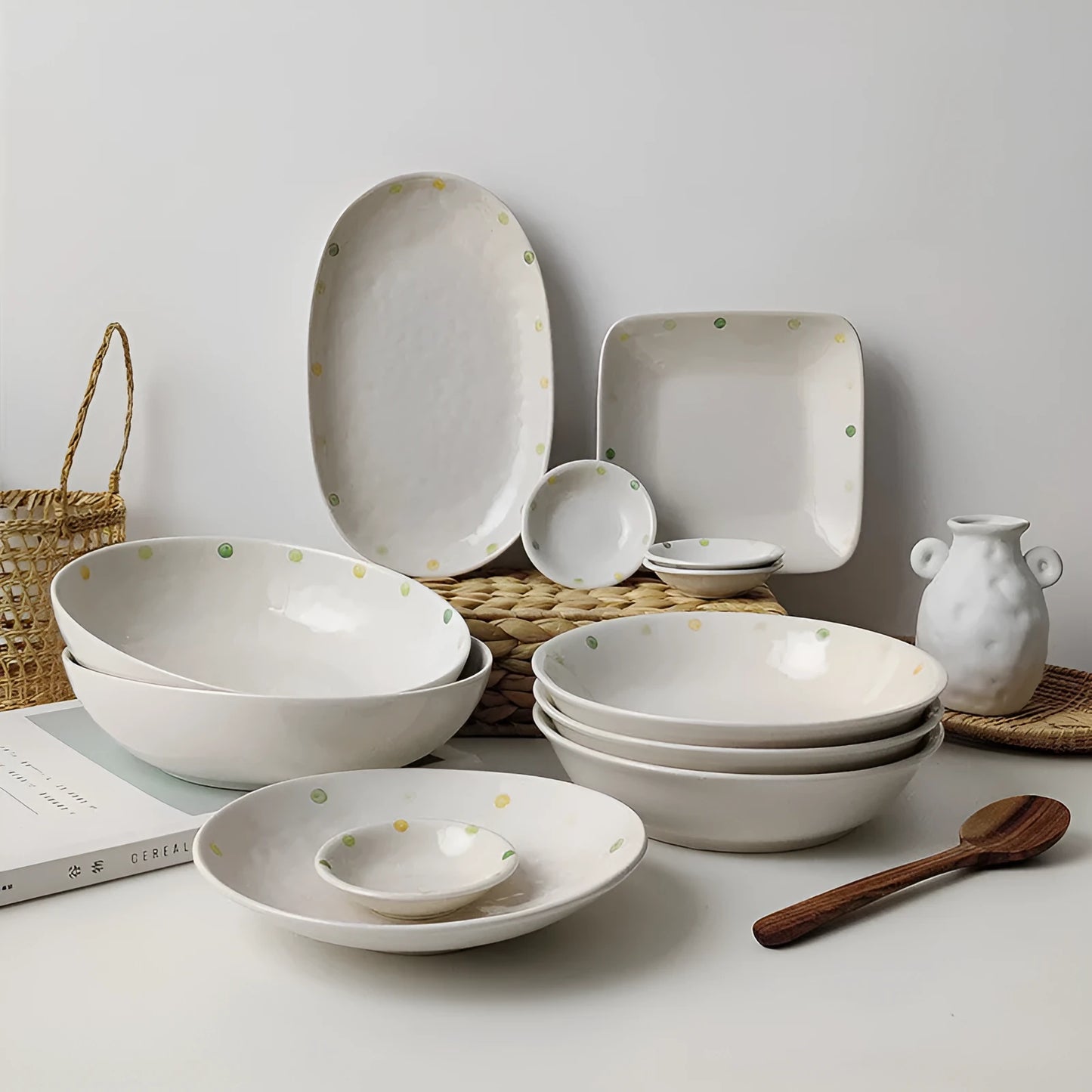 Japanese-style dot pattern porcelain plates and bowls in irregular oval and round shapes on a table.