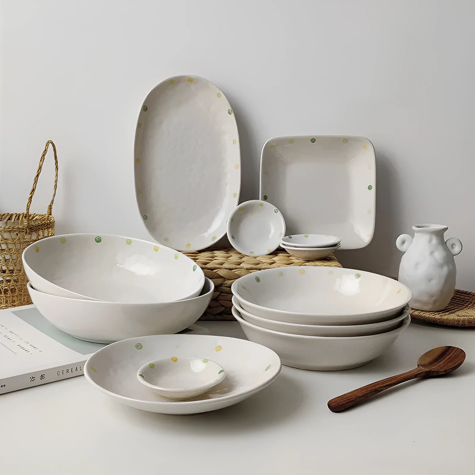 Japanese-style dot pattern porcelain plates and bowls in irregular oval and round shapes on a table.