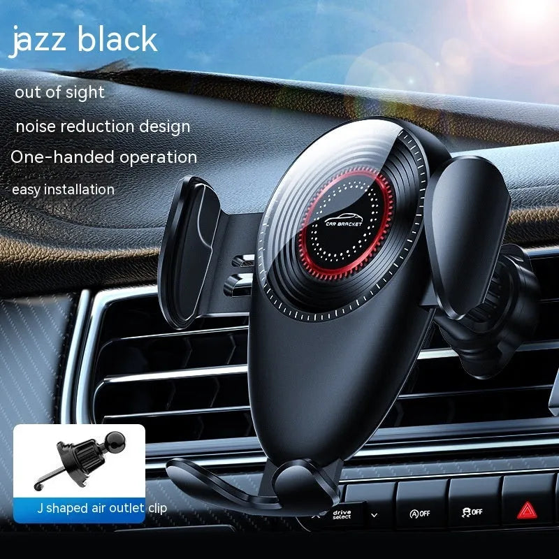 Black car mobile phone bracket mounted on vehicle air vent with adjustable phone grip mechanism