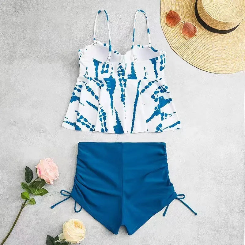 Women's hard bag printed split bikini swimsuit in polyester with top and shorts