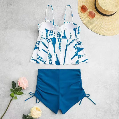 Women's hard bag printed split bikini swimsuit in polyester with top and shorts