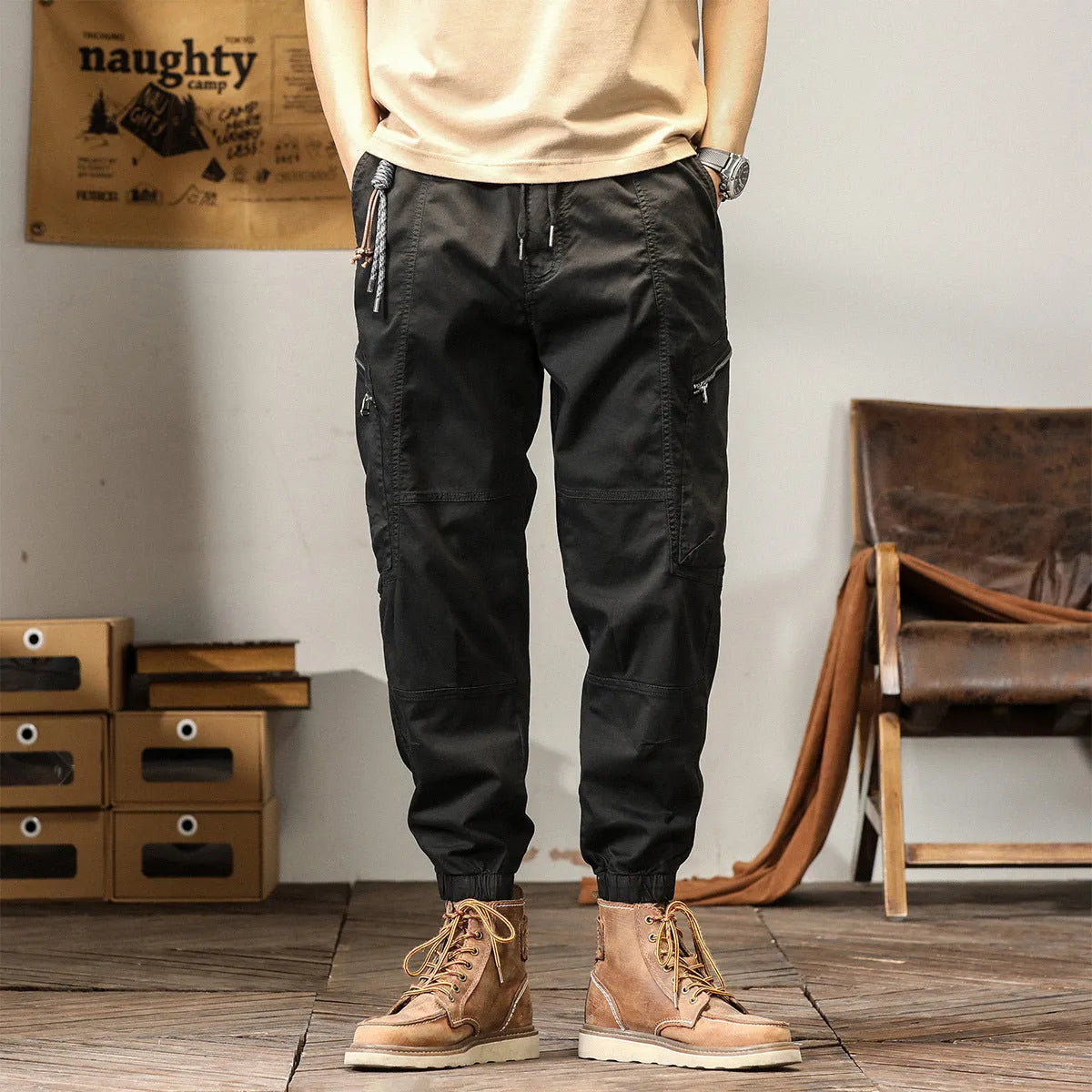 Men's cotton tapered harem trousers with ankle band in black colour
