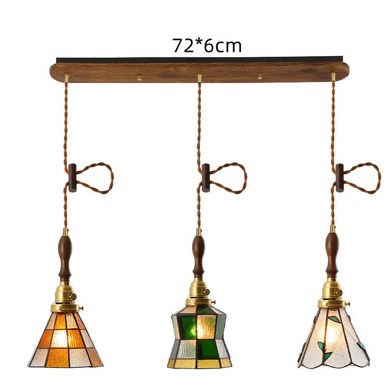 Japanese retro brass and glass chandelier with hand-blown shades and walnut wood details
