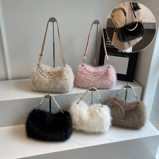 Autumn and winter plush pearl chain crossbody bag for women in various colours