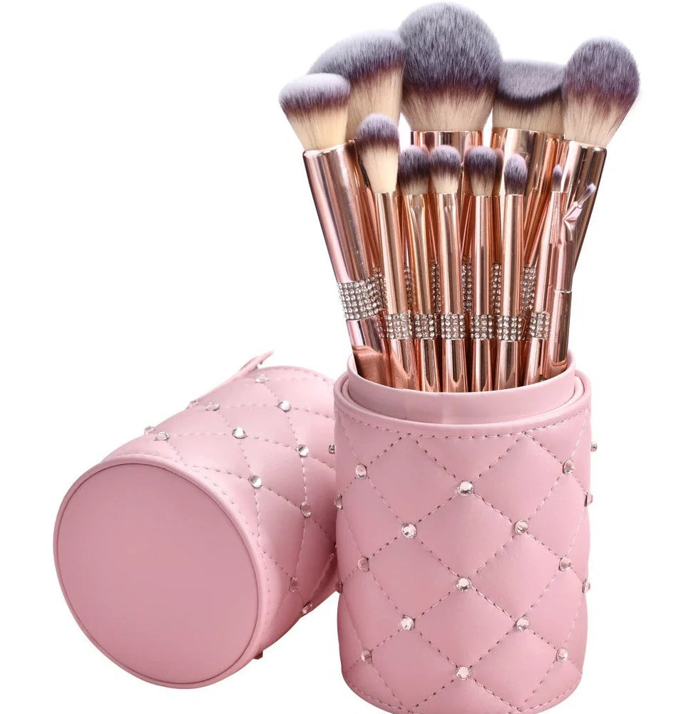Rose gold electroplated makeup brush set with 14 pieces showing 20cm length and PU storage bag