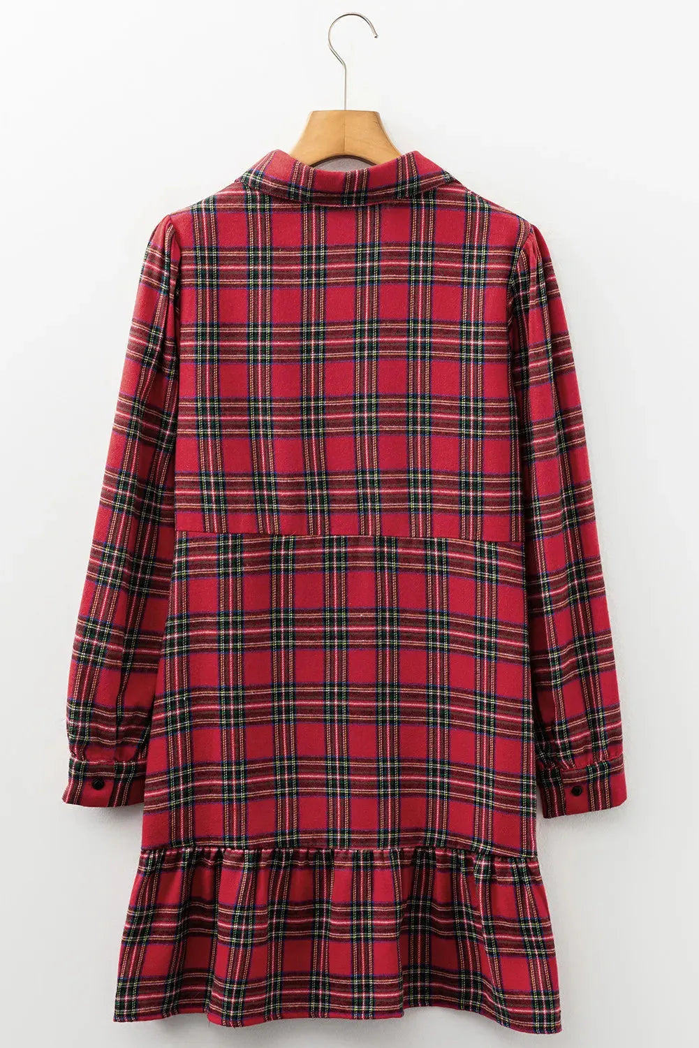 Red plaid mini dress with shirt collar, half buttons, long sleeves, and ruffle hem