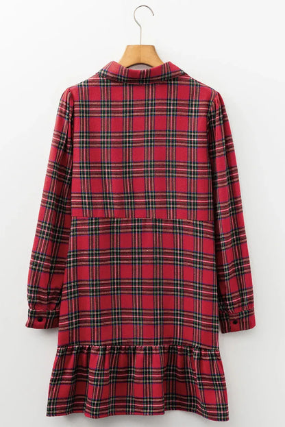 Red plaid mini dress with shirt collar, half buttons, long sleeves, and ruffle hem