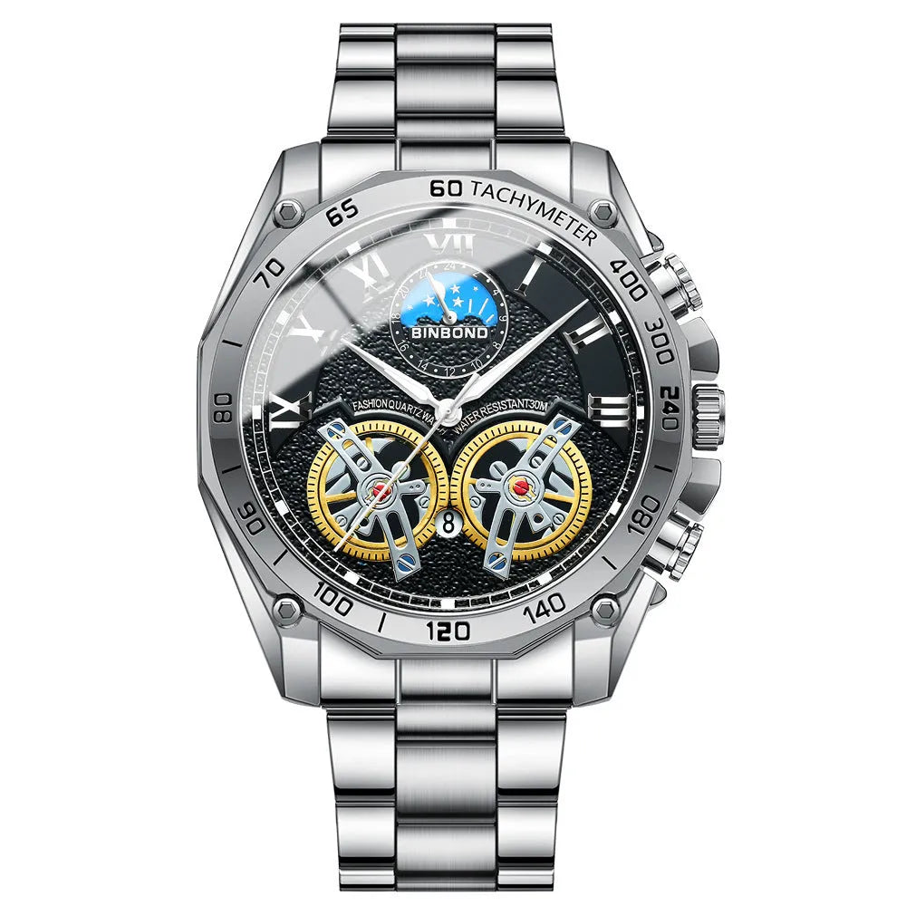 Men's hollow mechanical watch 11mm thick with visible movement and choice of gold, black steel, or white steel finish