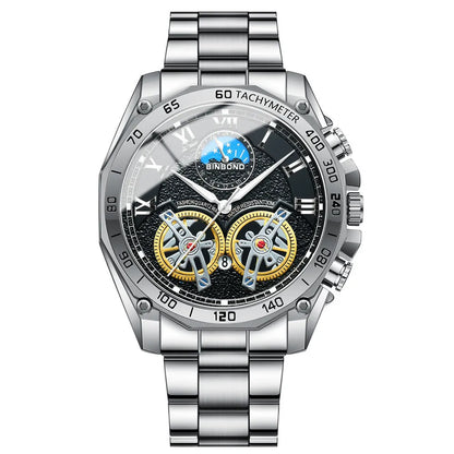 Men's hollow mechanical watch 11mm thick with visible movement and choice of gold, black steel, or white steel finish